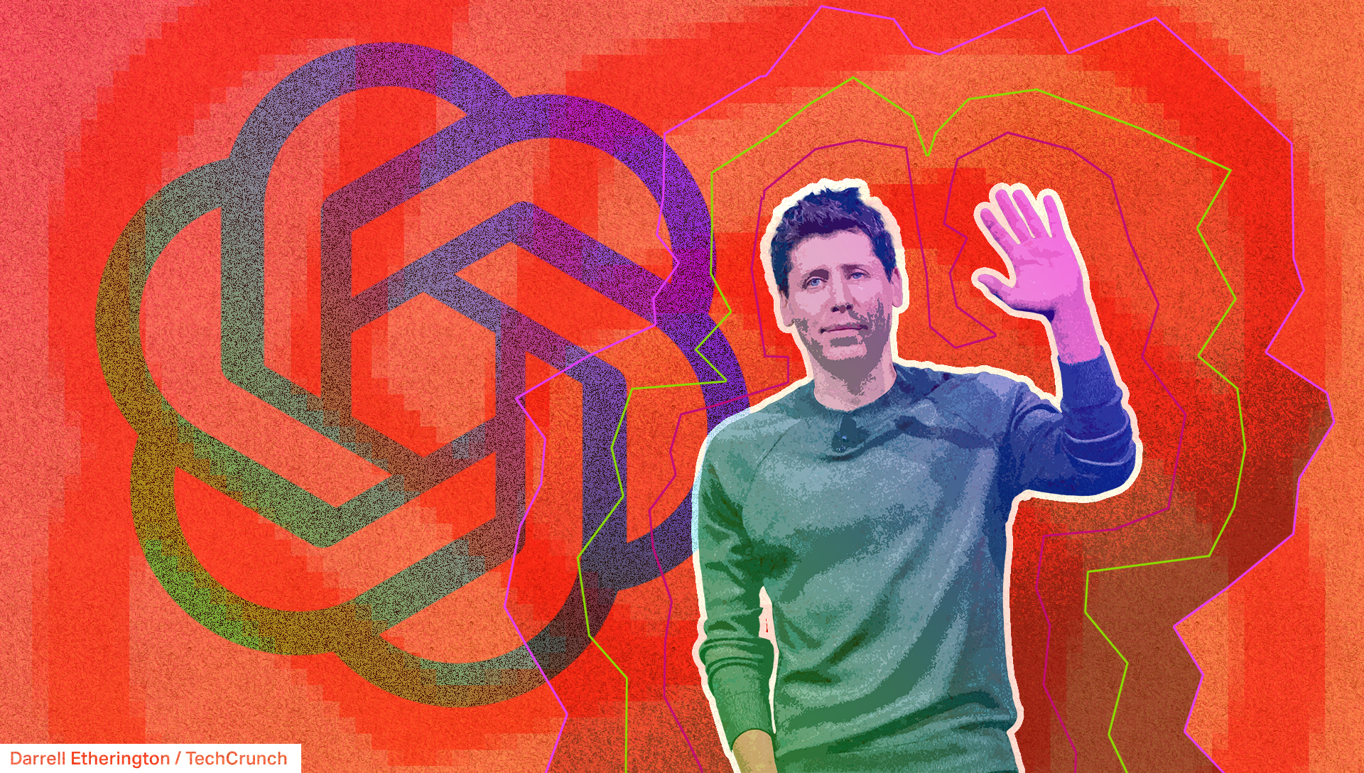 An illustration of Sam Altman in front of the OpenAI logo