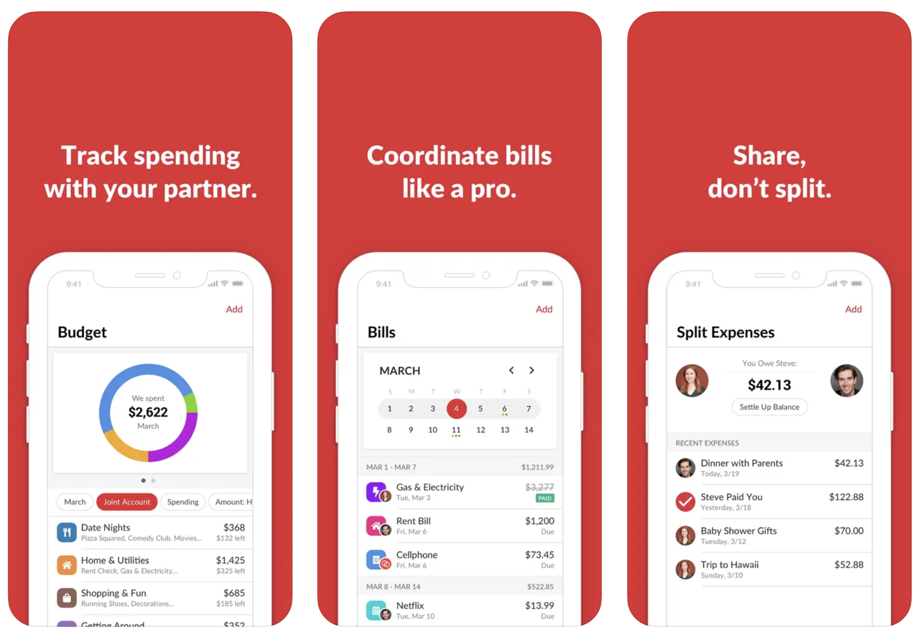 Three screenshots of the Honeydue app