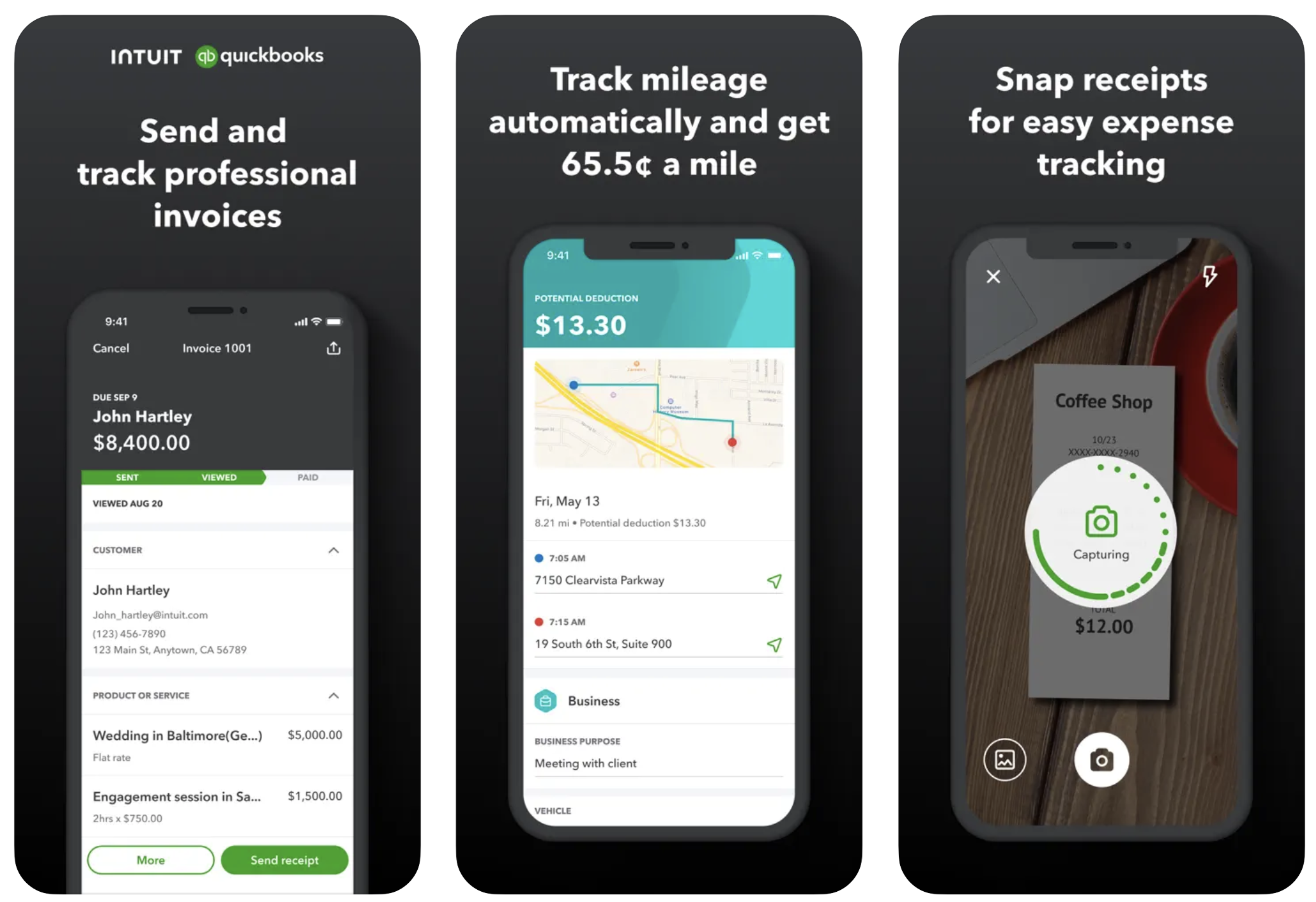 Three screenshots of the QuickBooks app