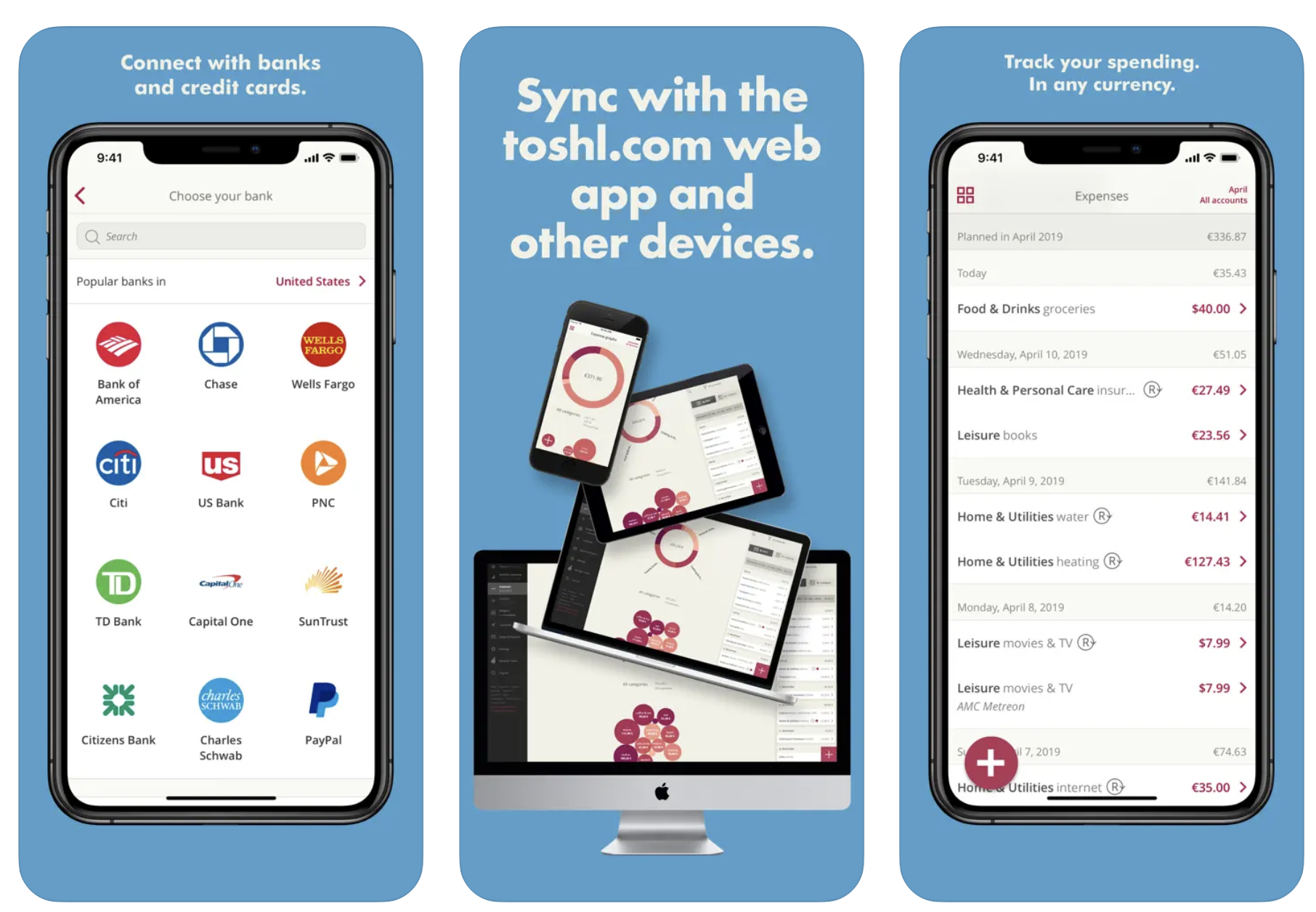 Three screenshots of the Toshl app