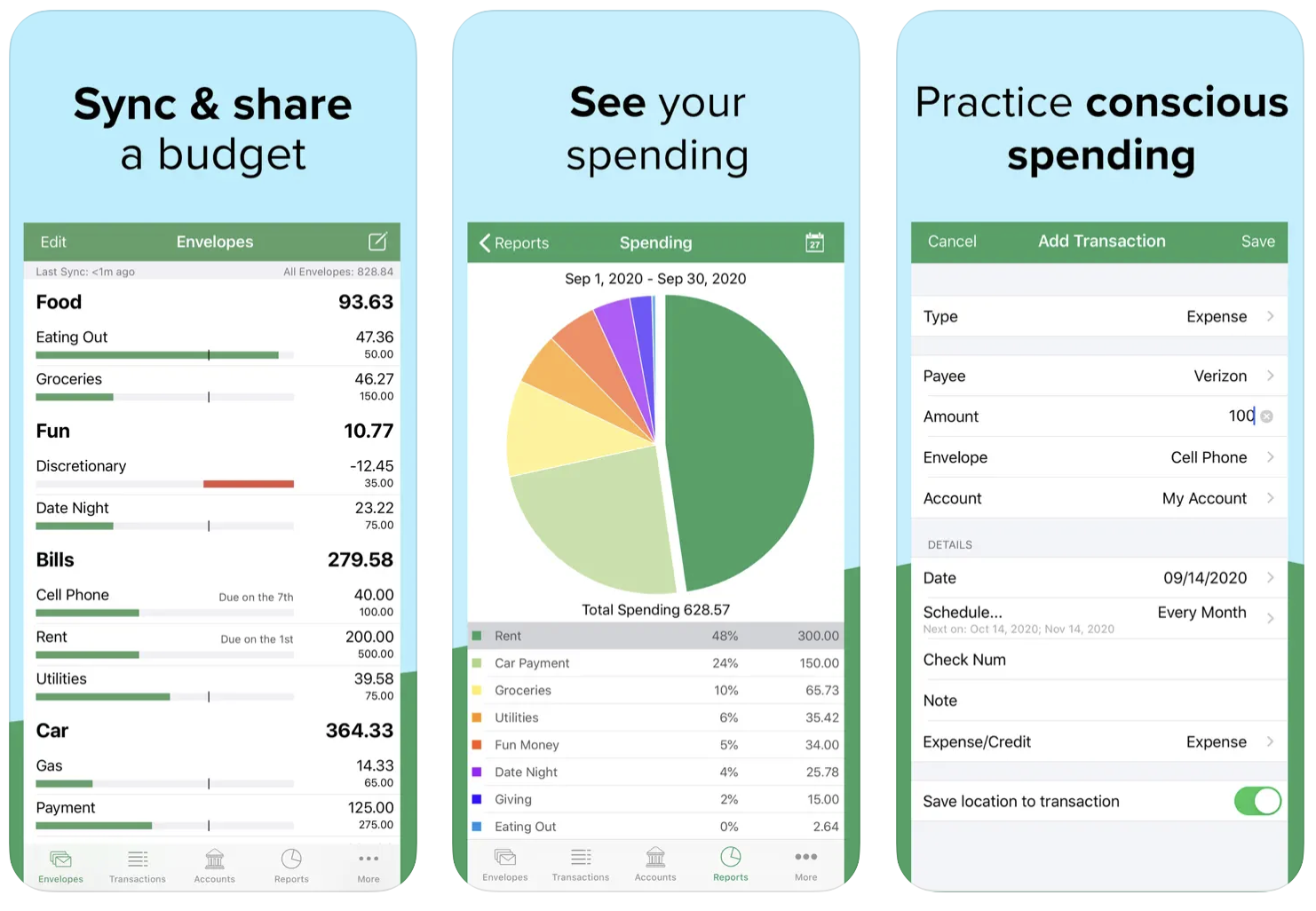 Three screenshots of the Goodbudget app