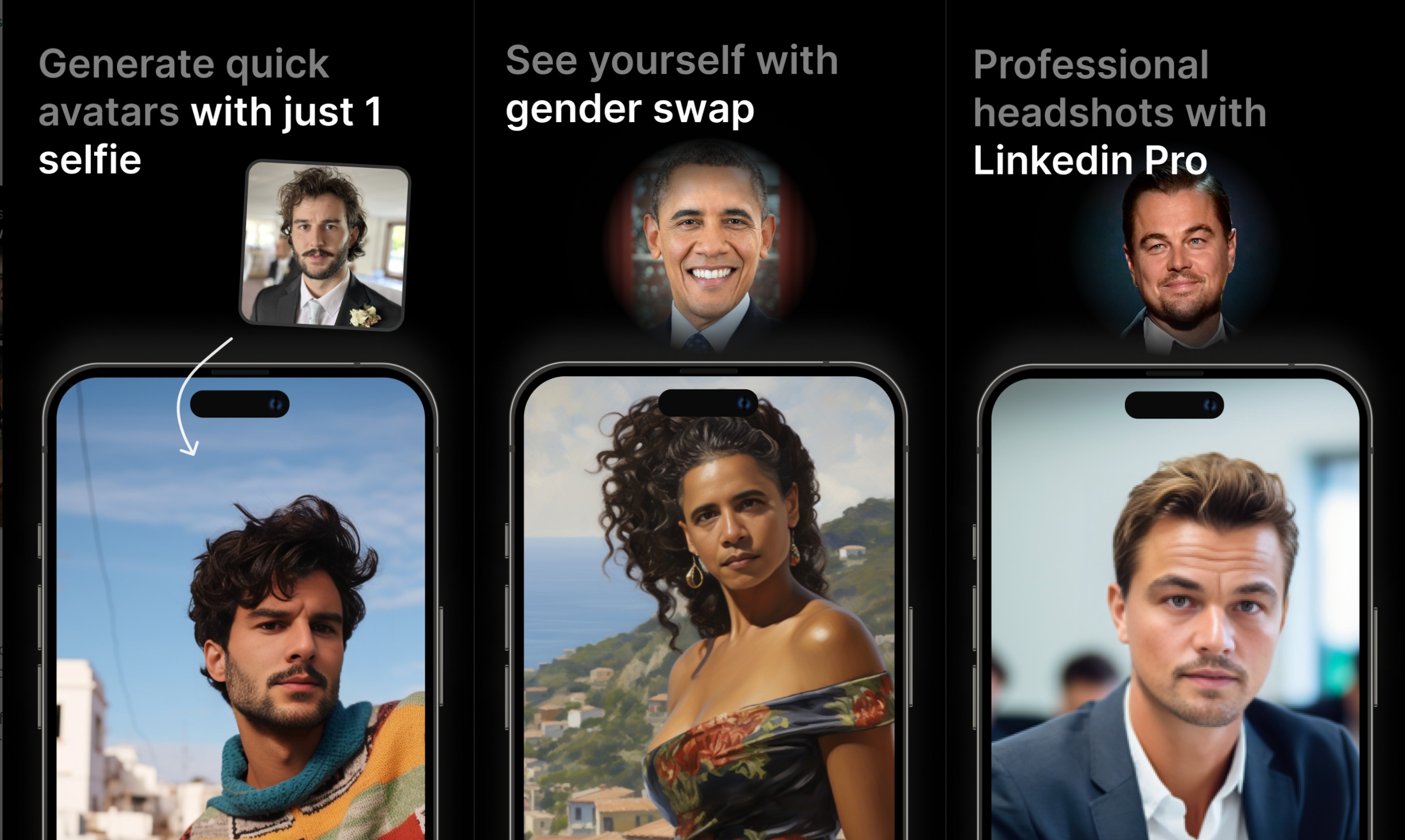 Three screenshots of Wombo AI-generated avatars