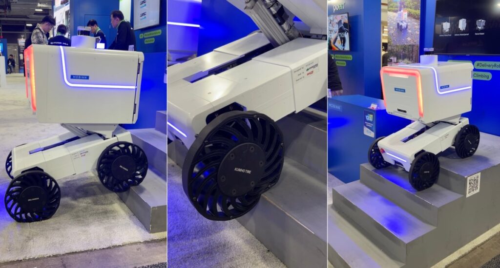 Stairs are no obstacle for this delivery bot’s squishy wheels