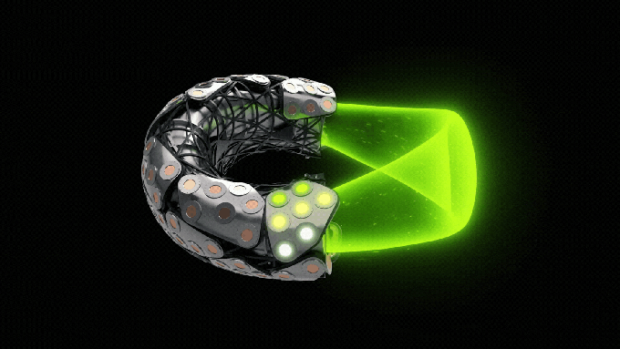 An animation of plasma flowing through Thea Energy's Helios reactor core.