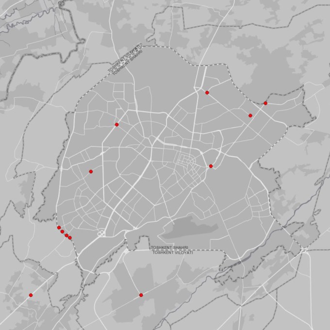 a map of the Uzbek capital city of Tashkent, showing red dot markers revealing the location of license plate readers across the city.