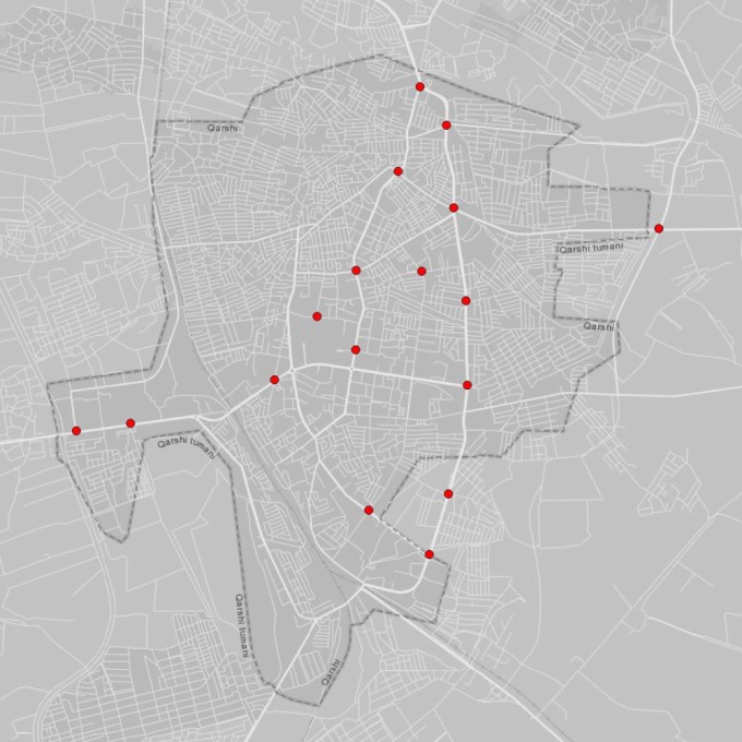 a map of the southern city of Qarshi in Uzbekistan, showing red dot markers revealing the location of license plate readers across the city.