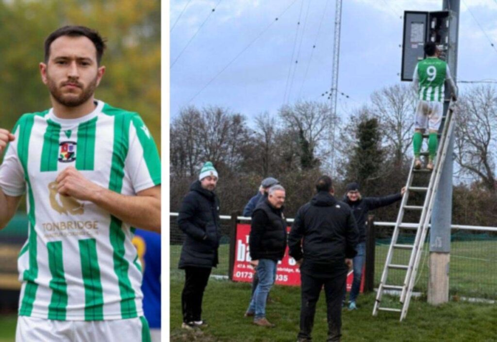 Rusthall FC striker Charlie Clover goes viral after attempting to fix the floodlights in abandoned game against Corinthian at the Jockey Farm Stadium