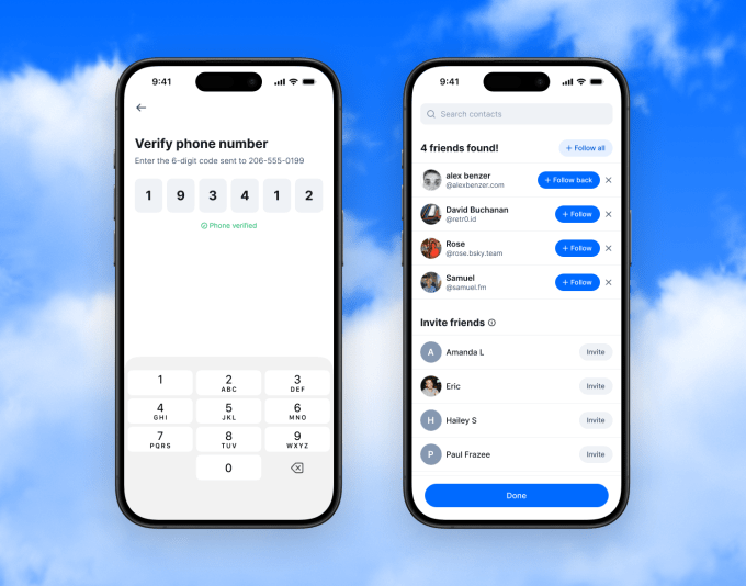 screenshots showing Bluesky's contact matching feature