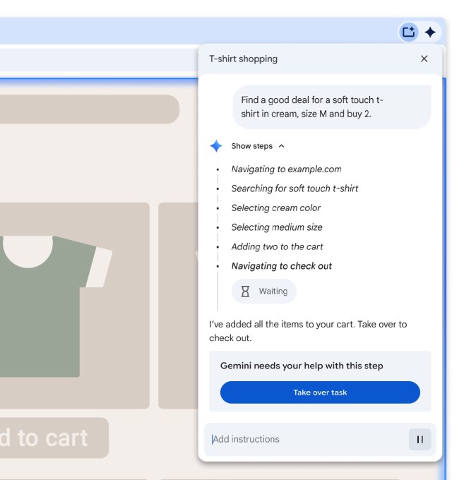 A screenshot showing Chrome's agent model asking user permission before paying for an item while shopping.