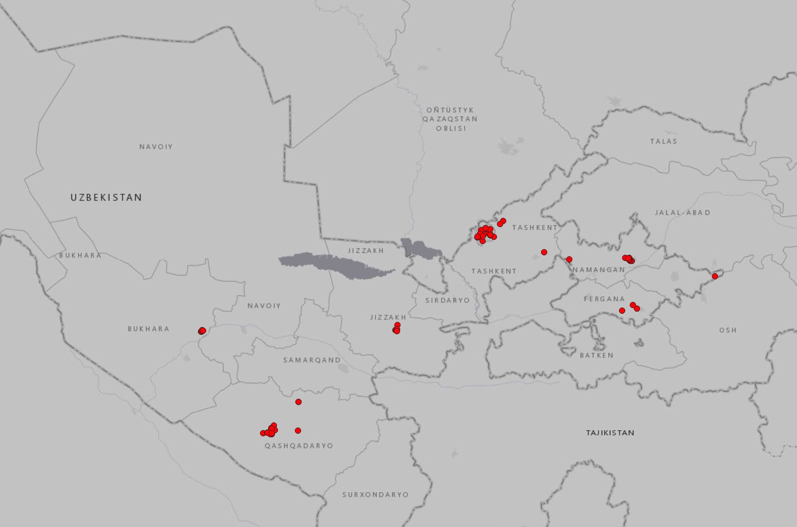 a map of Uzbekistan showing a hundred or so red dot markers revealing the location of license plate readers across the country.