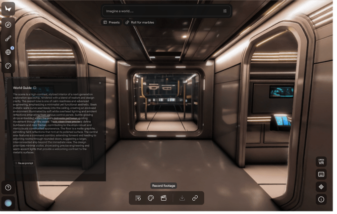 Space ship environment created in Marble with text prompt overlayed. Note how the lights are realistically reflected in the hub's walls.