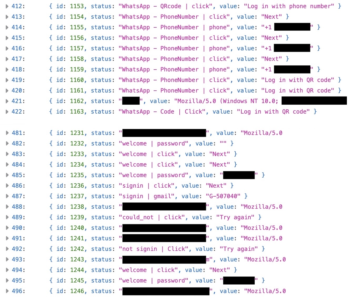 a stream of exposed records from the attacker's server, showing reams of attack-flow data, such as sign-ins and the entering of passwords on the phishing page