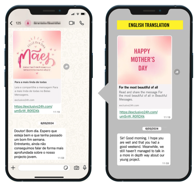 two screenshots side by side of whatsapp messages sent to the Angolan journalist.