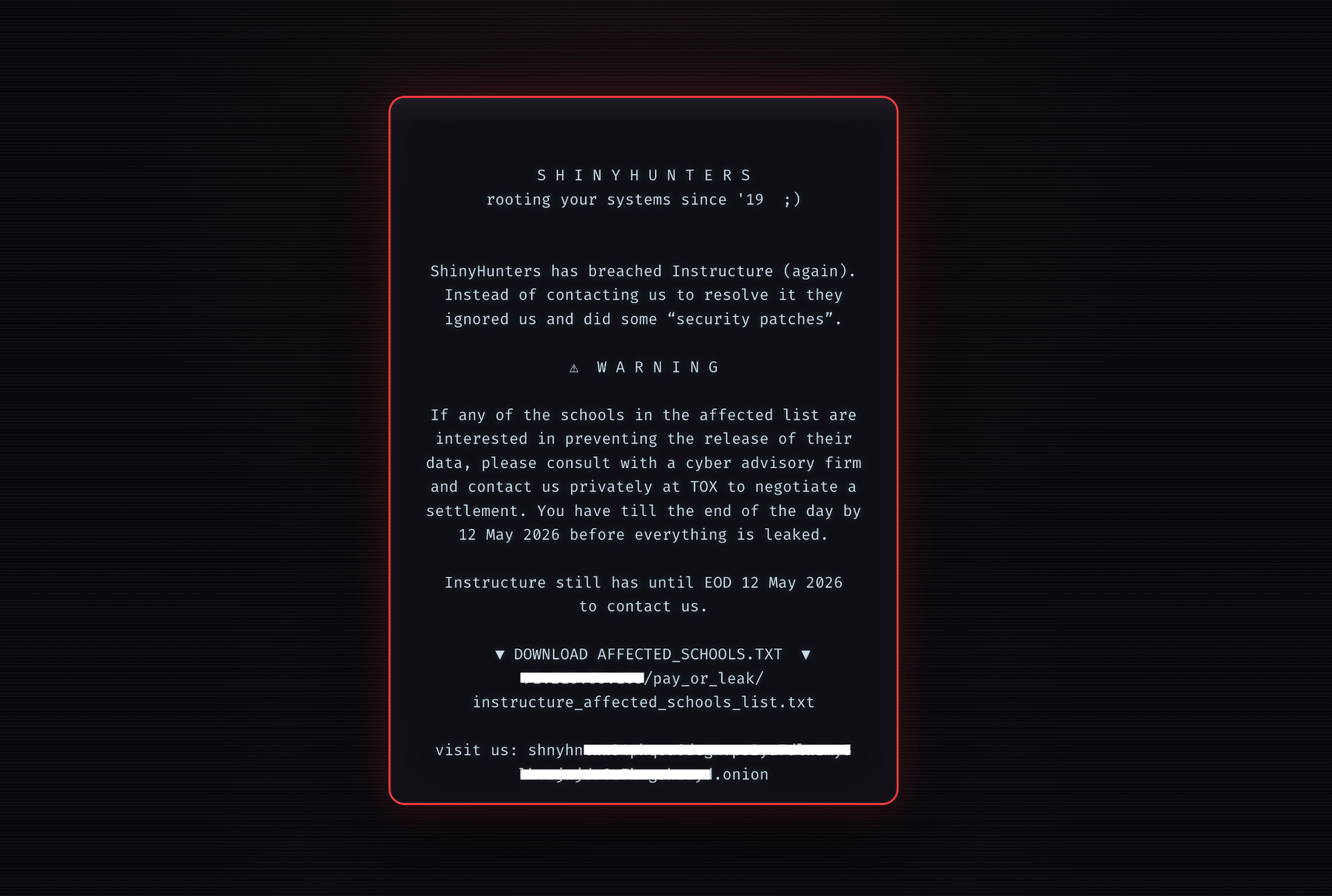 A redacted screenshot of the message ShinyHunters left on the hacked login pages of Instructure's platform Canvas.
