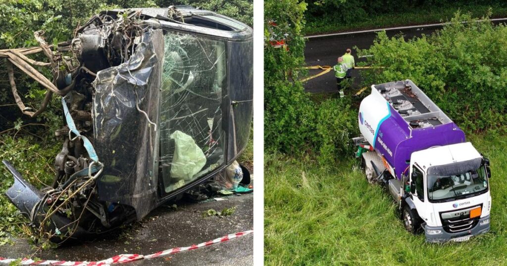 Collision with truck causes road blockage and oil spill